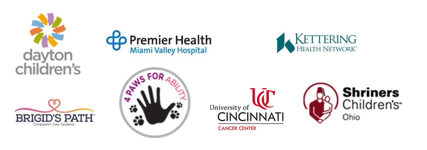 our service partners include Dayton children's; premier health Miami valley hospital; kettering health network; Brigid's path; 4 paws for ability; and shriners children's Ohio